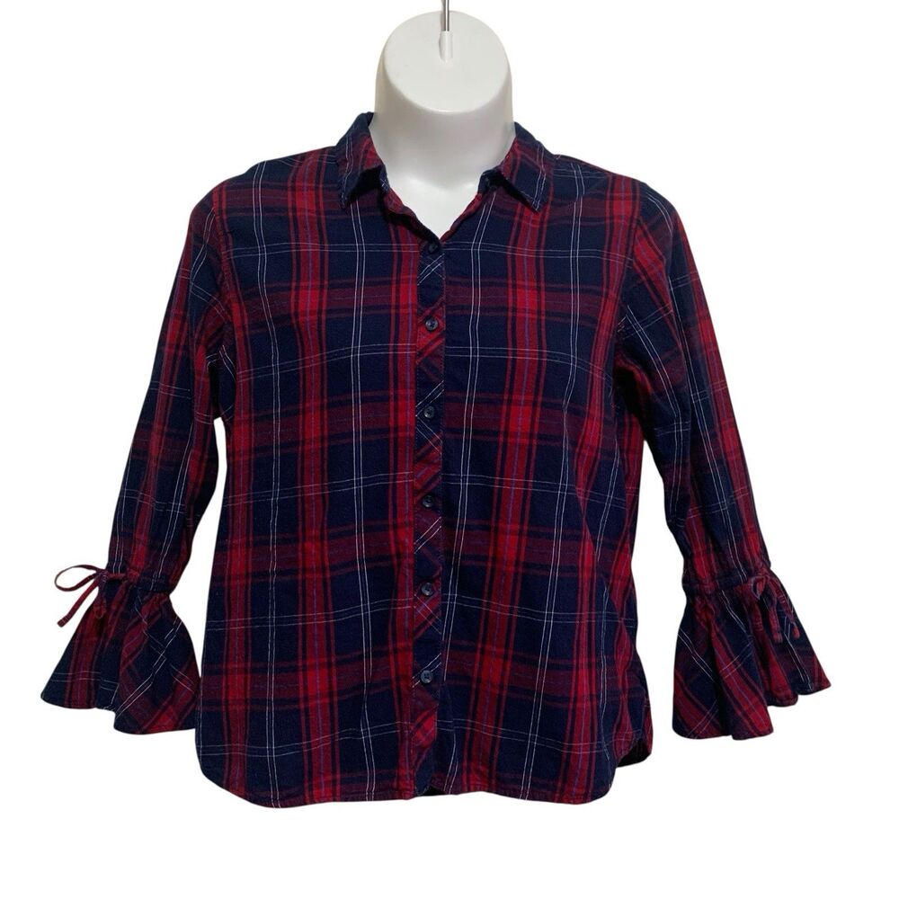 Time and Tru Button-Up Top Womens Size XL Red Blue Plaid Bell Bow Tie Sleeves